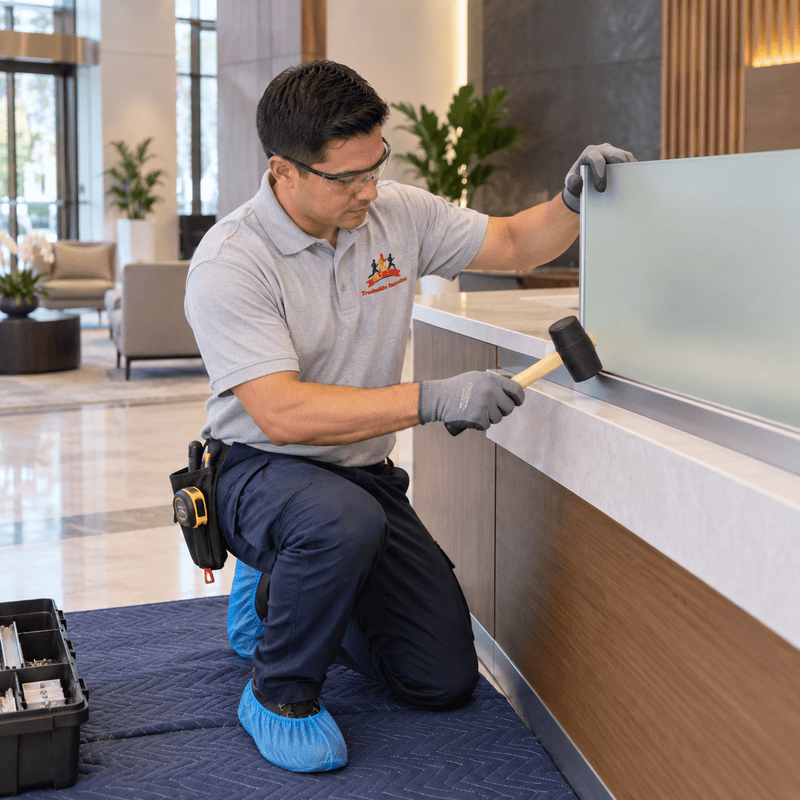 Technician in gloves kneeling to clean a white counter in a bright lobby