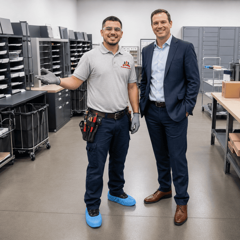 Two men stand in a workshop aisle beside shelves and tables of parts, one in a work uniform and one in a suit.
