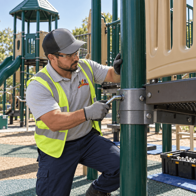 Worker in safety vest tightening a playground structure bolt with a wrench