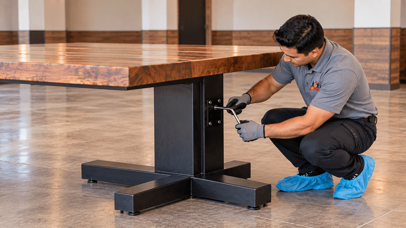Technician tightening bolts on a dark table base in a room, using a wrench while kneeling on the floor