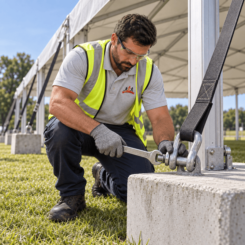 Worker in a safety vest tightening a metal anchor bolt beside a concrete block outdoors