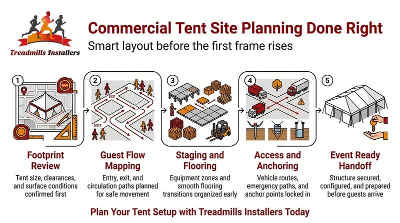 Illustrated tent site planning checklist with five steps: review, mapping, staging, anchoring, and handoff.