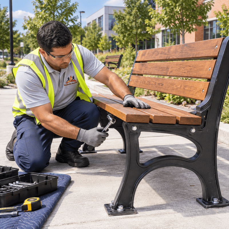Worker repairing a wooden park bench with tools beside him in a sunny outdoor setting