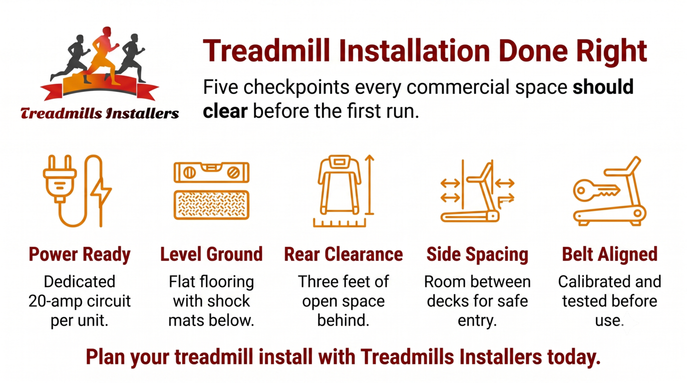 Treadmill installation ad with icons and tips for power, leveling, rear clearance, side spacing, and ceiling height
