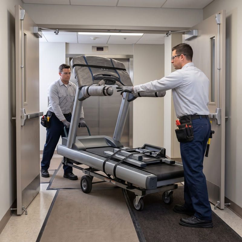 Two workers maneuver a treadmill through a narrow doorway in a hallway.