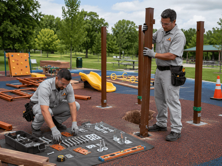 Workers assembling an outdoor playground slide on a rubber play surface, with tools and equipment nearby