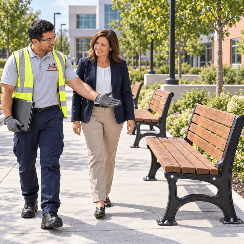 Two workers walking and discussing next to benches on a sunny campus walkway