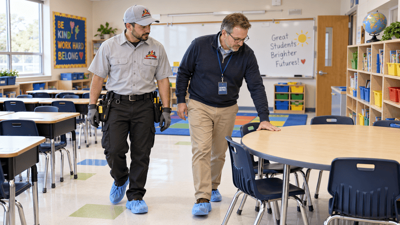Two men walk through a classroom, one pointing down at the floor near tables and chairs.