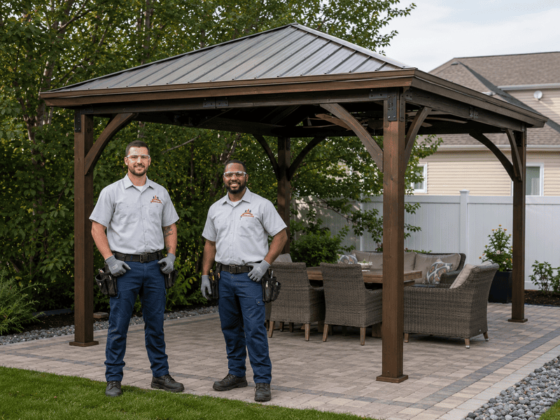 Two men standing under a wooden gazebo in a landscaped backyard patio.