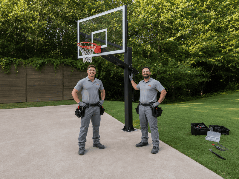 Two people stand on a driveway beside a portable basketball hoop and gear, with trees and a fence behind them.