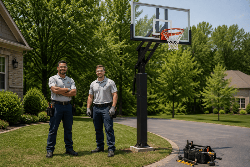 Two men standing beside a driveway basketball hoop on a suburban lawn, with a mower nearby.