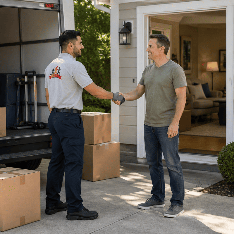 Delivery worker and homeowner shake hands outside a house with moving boxes on the porch.