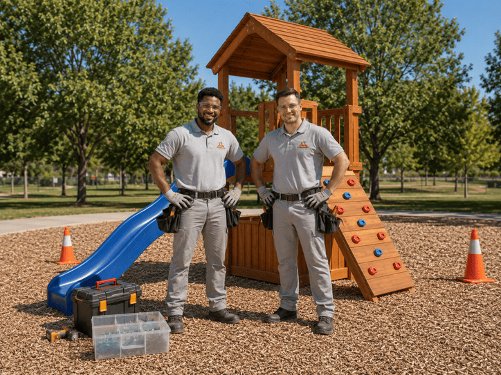 Two workers standing by a playground tower with a blue slide and orange climbing wall in a park