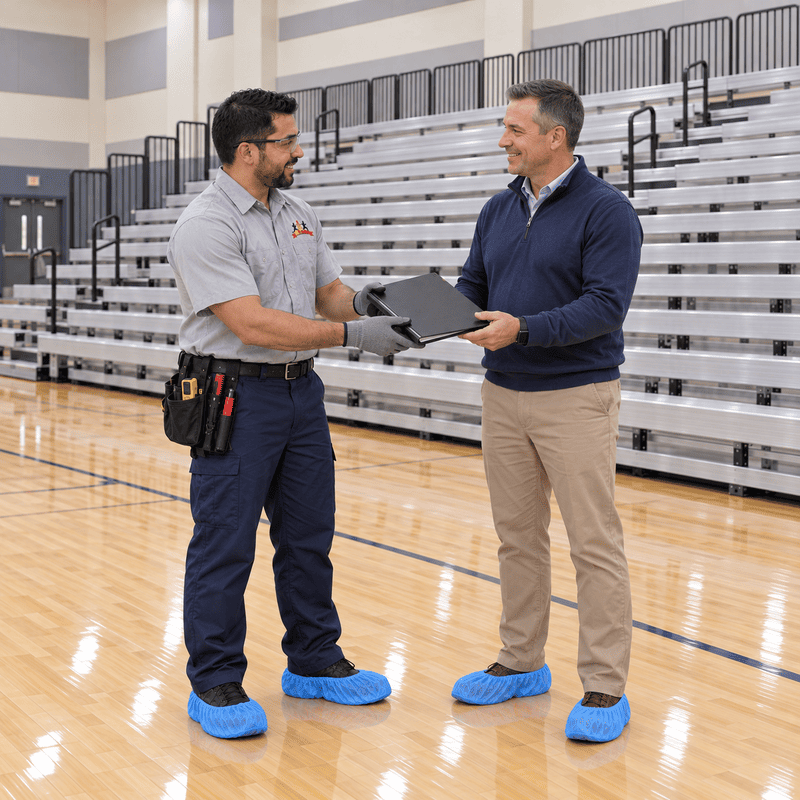 Two men in blue shoe covers discuss a folder on a gymnasium floor with empty bleachers behind them.