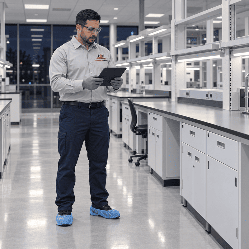 Man using a tablet in a bright laboratory, standing beside rows of workbenches and cabinets.