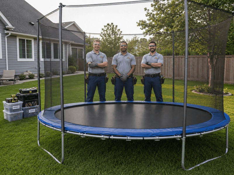 Three workers stand behind a trampoline in a suburban backyard.