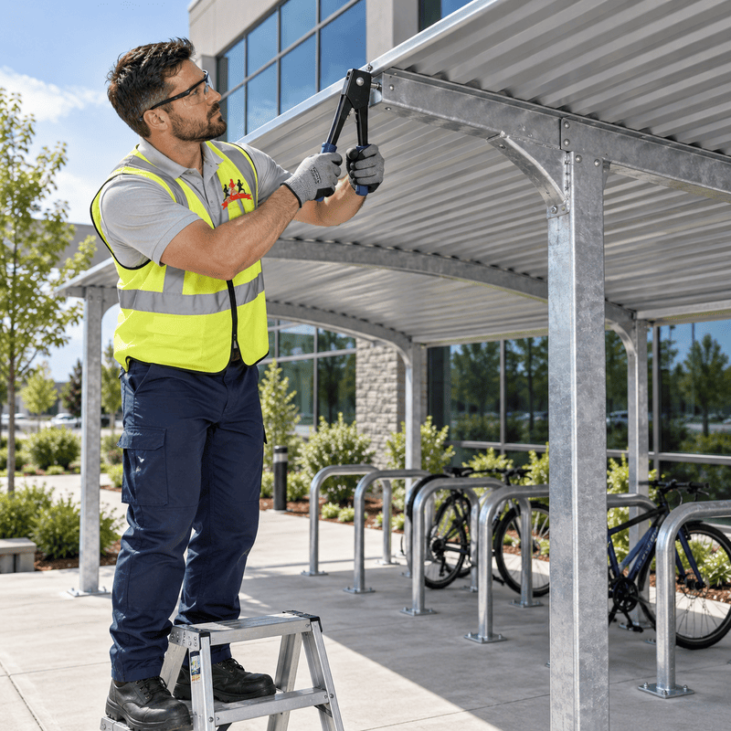 Worker on a ladder tightening bolts on a metal bike shelter roof outside a building