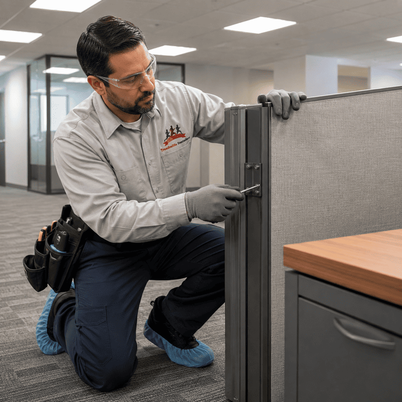 Technician installing a gray office cubicle panel in a modern workspace with a drill holster and gloves