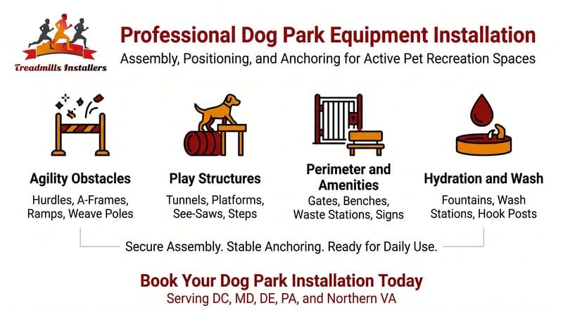 Promotional banner for professional dog park equipment installation with illustrations of play structures, obstacles, and wash stations