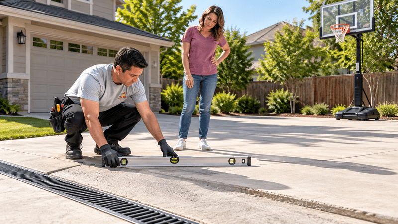 Technician and homeowner assessing an uneven driveway surface before choosing portable basketball hoop placement