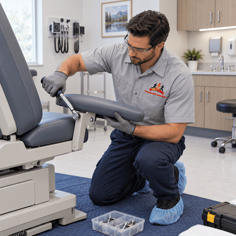 Technician kneeling beside a dental chair, adjusting equipment in a clinic room.