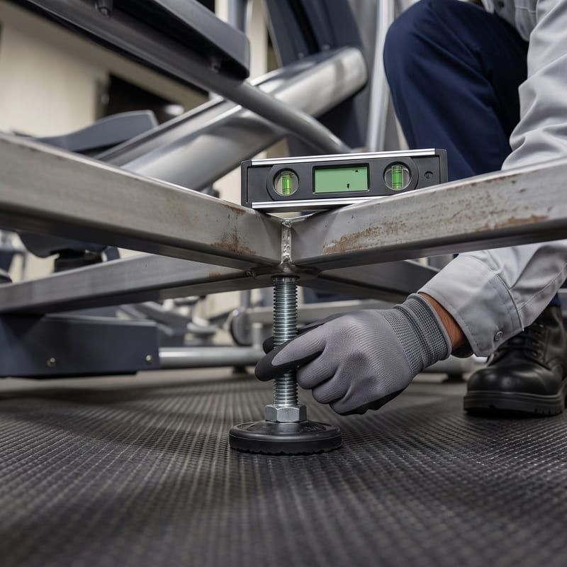 Technician leveling a metal frame with a spirit level and adjustable foot on a workshop floor