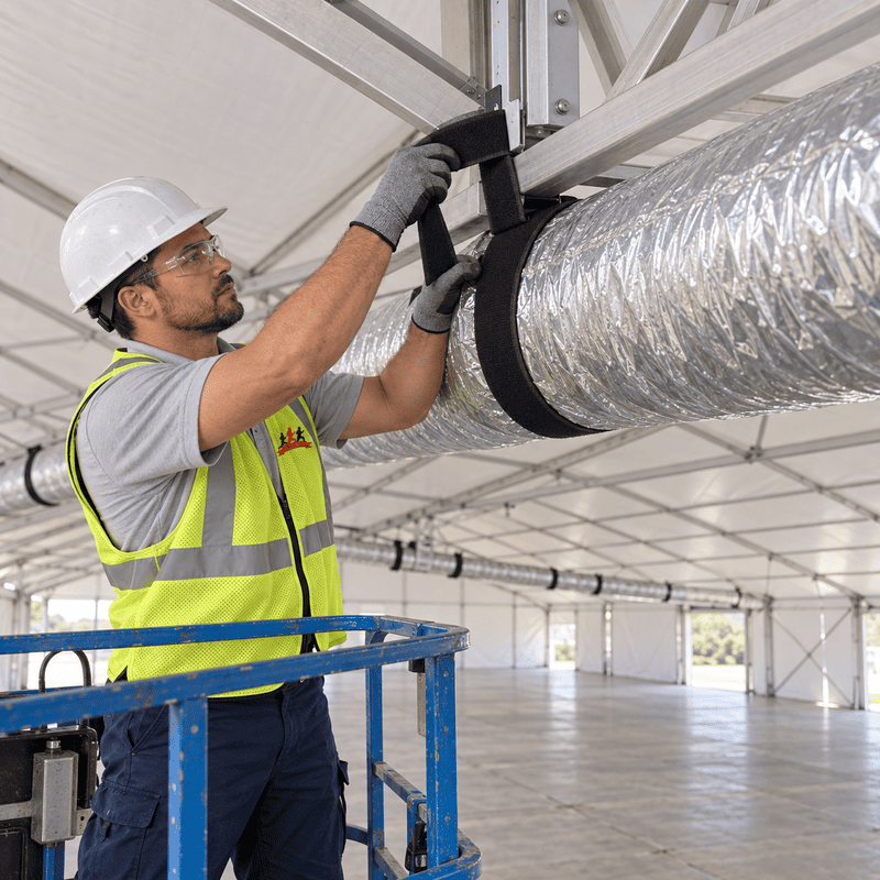 Worker in hard hat and safety vest securing duct insulation on a ceiling inside a bright industrial space