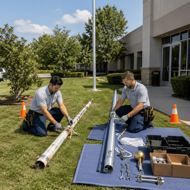 Two workers kneel on mats assembling a long metal pole outdoors beside a building.