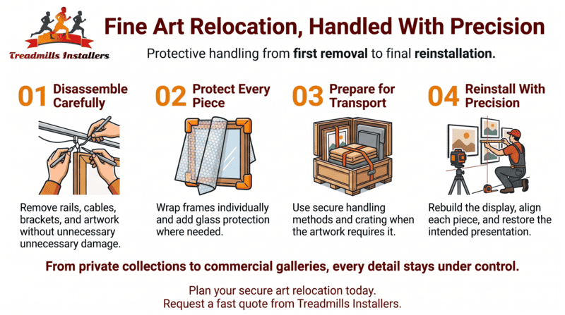 Infographic on fine art relocation with four steps: disassemble, protect, transport, reinstall.