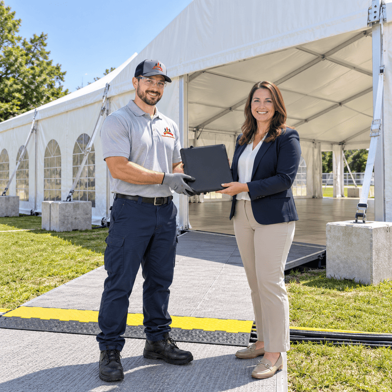 Two people holding a black folder outside a white event tent on a sunny day.