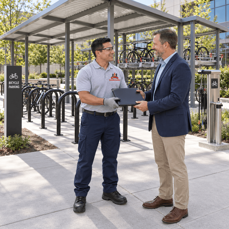 Two men exchanging a tablet at a bike-sharing station outdoors