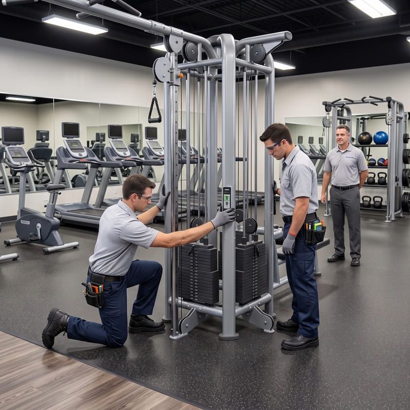Men testing a gym cable machine with a trainer in a fitness center
