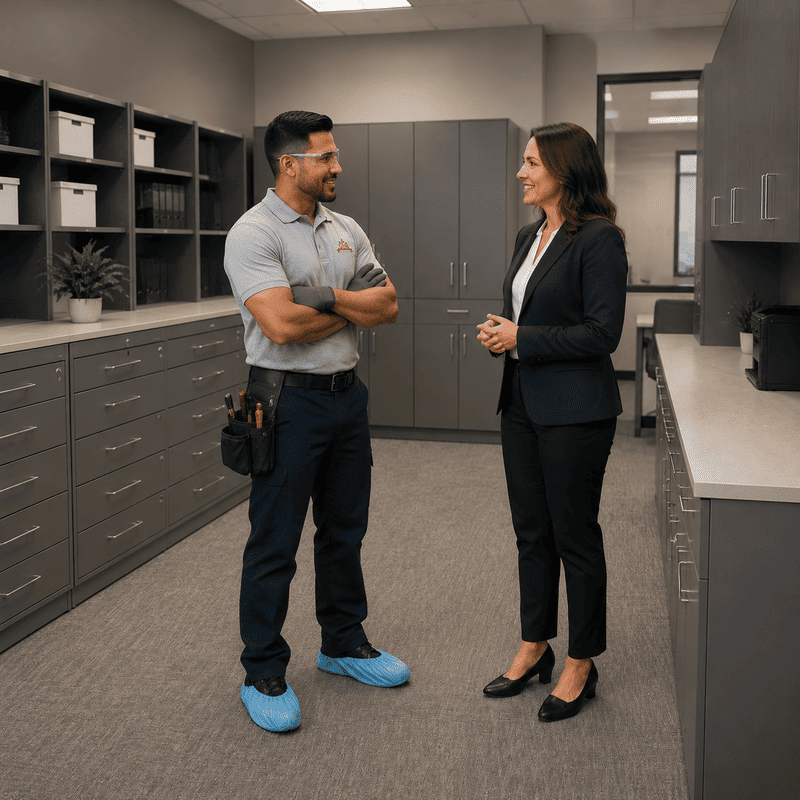 Two coworkers talking in an office break room with gray cabinets and a counter.