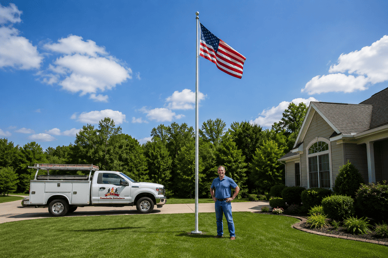 Man standing by flagpole in a yard beside a white utility truck and house under a large American flag.