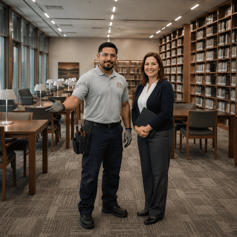 Two people standing in a library, smiling, with bookshelves and study tables in the background.