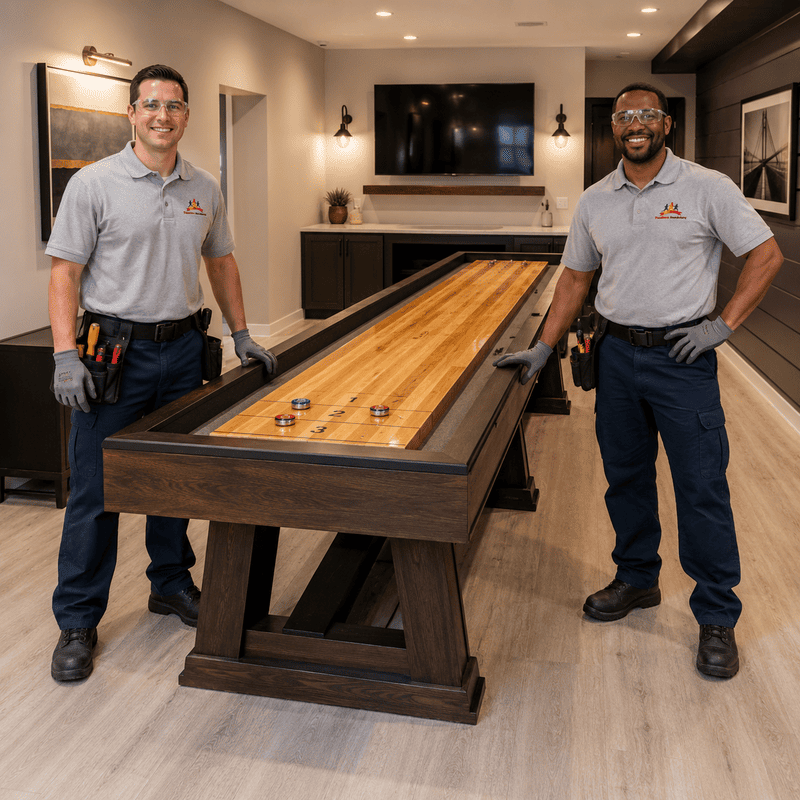 Two workers stand beside a long wooden shuffleboard table in a modern living room.