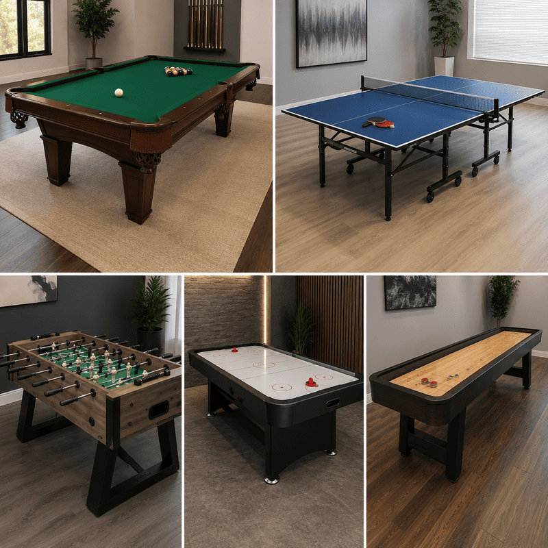 Three game rooms with pool, foosball, and ping-pong tables in a modern recreation area