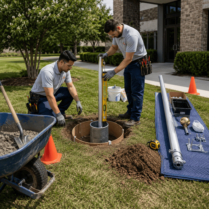 Workers installing a metal post in a lawn beside tools and a wheelbarrow