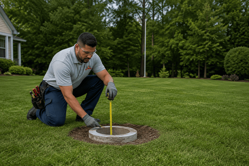 Worker kneeling by a yard water meter, using a yellow measuring rod on a grassy lawn
