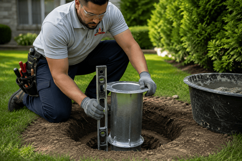 Worker kneeling outdoors, leveling a metal post in a dug hole beside a lawn