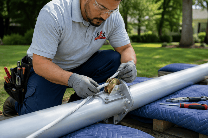 Technician in gloves repairs a silver metal pipe on padded supports outdoors with tools nearby