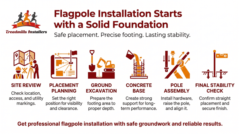 Infographic on flagpole installation with six steps: site review, excavation, concrete base, pole assembly, final install, stability check