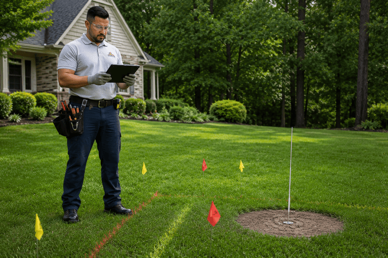 Man holding a clipboard checks a sprinkler layout on a grassy lawn with colored flags and a sprinkler head.