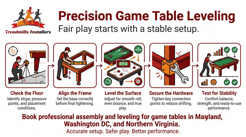 Precision Game Table Leveling ad with red logo, six setup icons, and booking text for Maryland, DC, and Virginia.