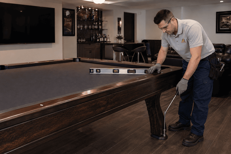 Man in gloves measuring a pool table in a game room with a level on top