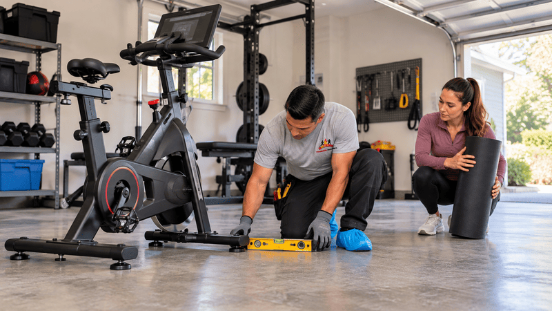 Technician checking the garage floor beside a stationary bike while a homeowner holds an equipment mat