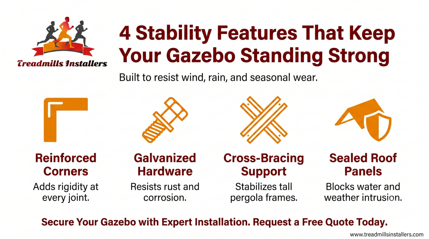 Gazebo ad highlighting 4 stability features with orange icons on a white background