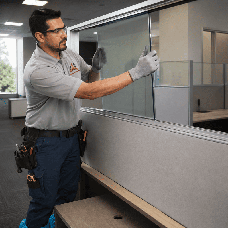 Man adjusting a glass office partition in a cubicle workspace, wearing gloves and a gray polo shirt
