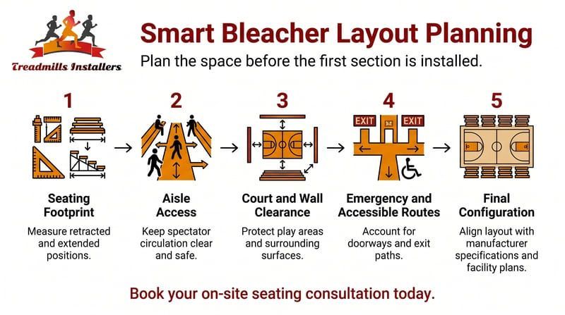 Smart bleacher layout planning infographic with five seating configurations and a red call to book a site consultation.