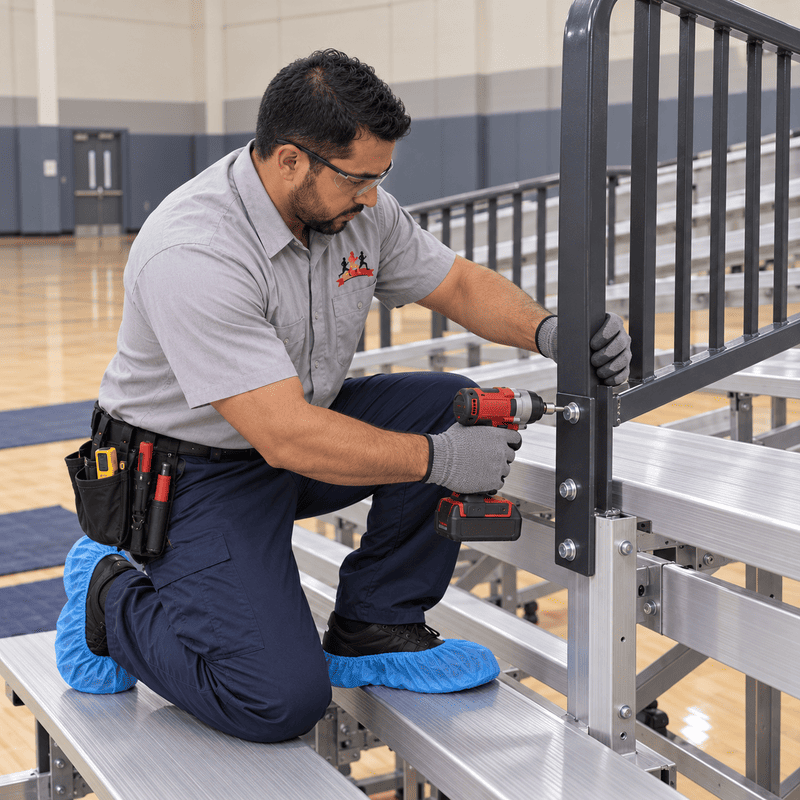 Worker kneeling with a power drill, fastening a metal railing inside a gymnasium